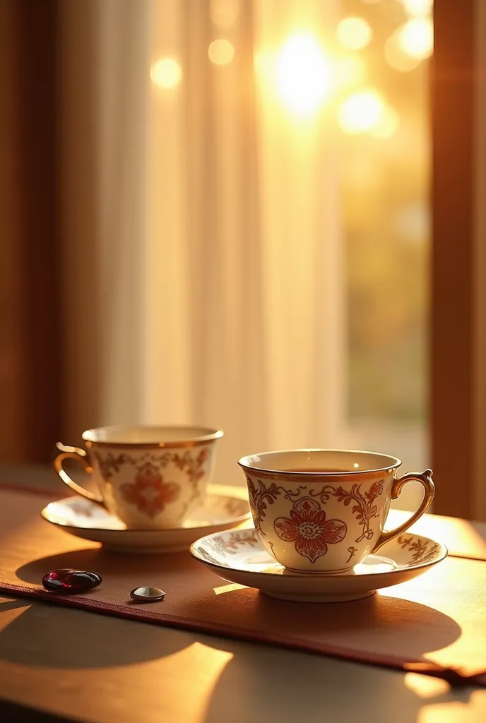 beautiful advertising of oriental coffee cup plates, floral patterns, beautiful sunlight and luxurious appearance