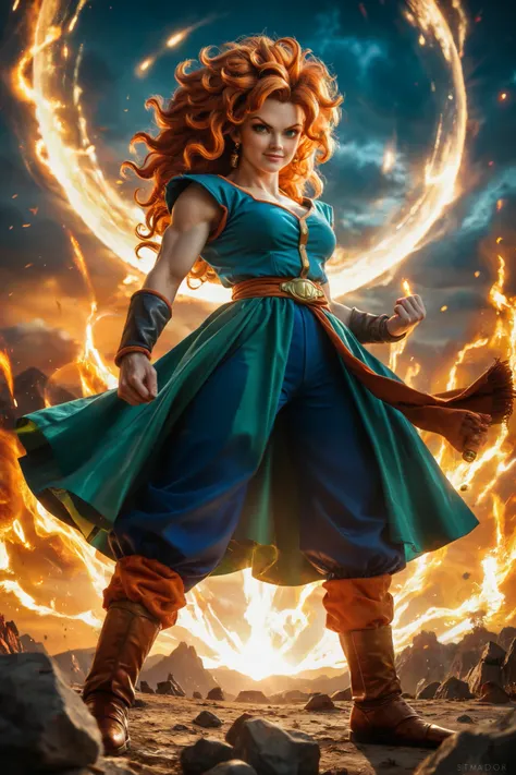 4th Image: Goku and Merida Fusion Crossover
Prompt:
"An epic crossover of Dragon Ball Z and Disney’s Brave. Goku, in his classic orange and blue gi, stands powerfully with his spiky Super Saiyan hair, facing Merida, who wears her elegant green dress but ...