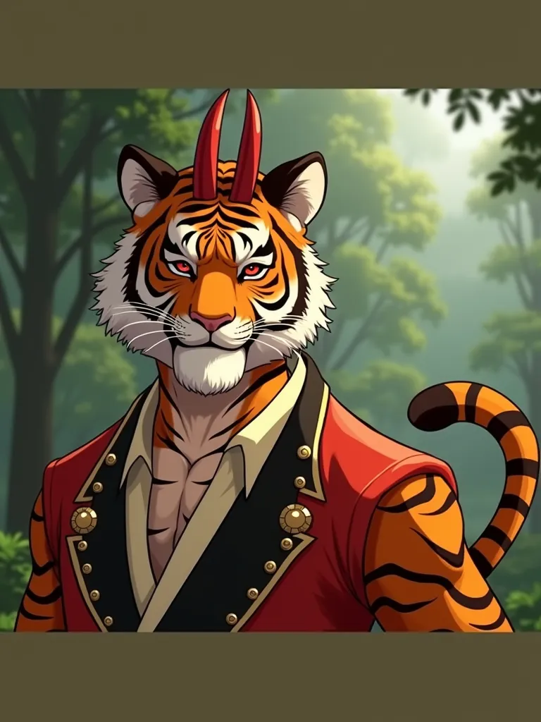 "An adult half tiger and half oni, with a normal human face and normal skin and marked with tiger skin and He has small red horns on his forehead curved backwards and tiger ears next to the horns. Your eyes are orange-red, intense and striking . His skin i...