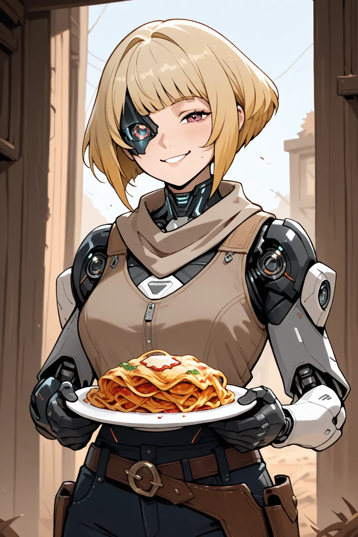 Blonde bob haircut, Short middle aged woman, cute, western cowboy clothing, dusty face, at a saloon, bionic arm, bionic eye, she has a plate of lasagna in front of her, smiling