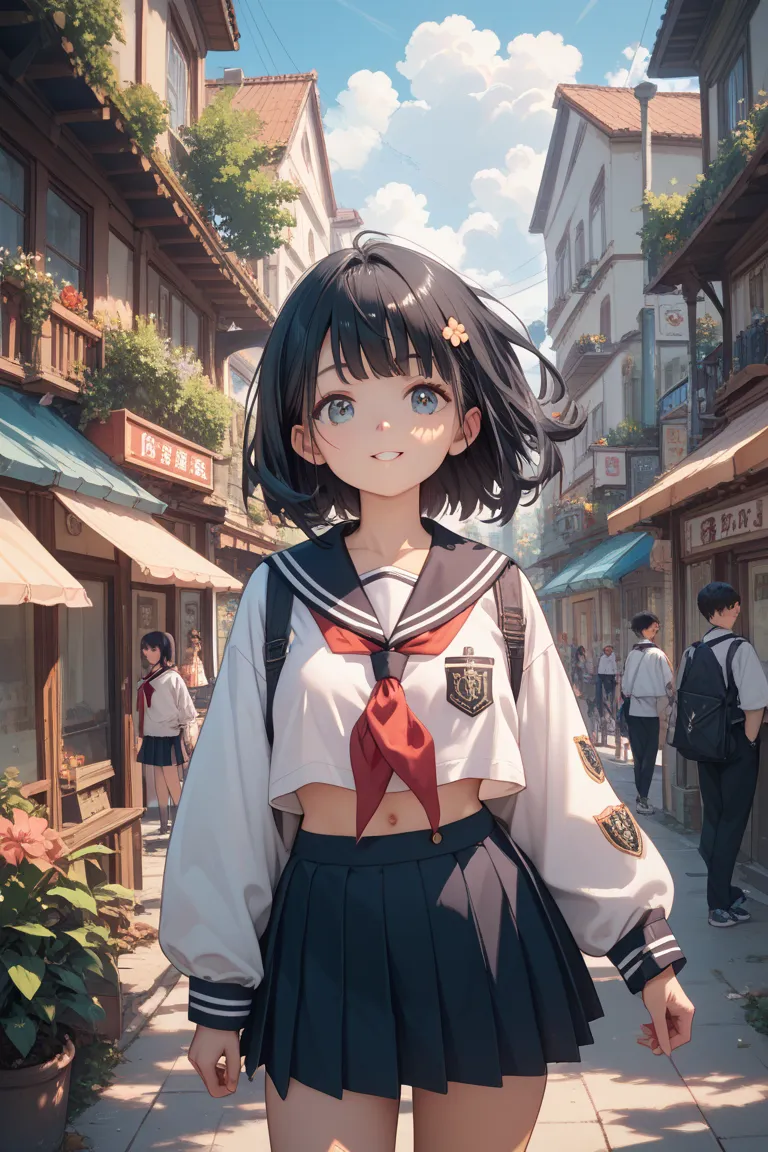  black hair　 straight 　super oversized big boobs 　Small middle school students　miniskirt　sailor suit