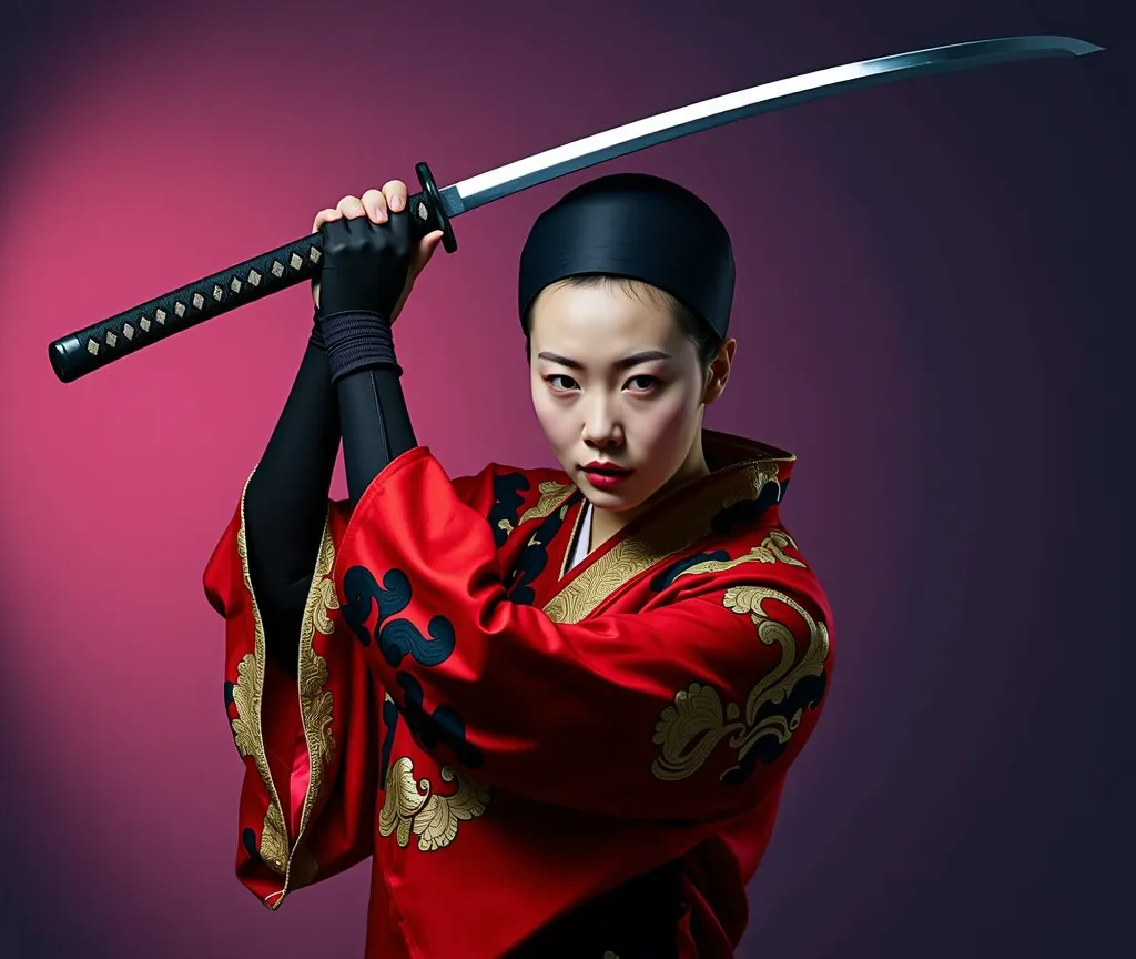 A woman in a traditional Japanese red kimono, holding a katana, poised in a dynamic, warrior-like stance. The kimono is intricately patterned with gold and black design elements. Her expression is serious and focused, conveying strength and determination. ...