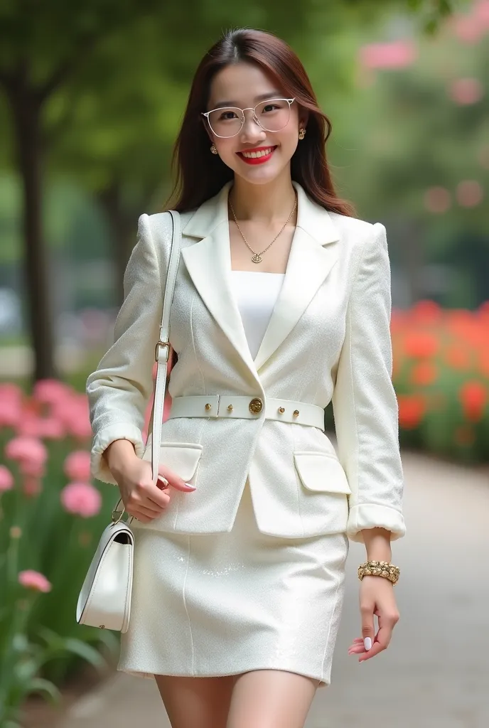 A whole photo of beautiful plus size Asian woman, smiled, ,white soft skin, long shiny brown super straight hair, wearing white gamosa with full silver sequins of tweed blazer jacket with gold buttons, white  fitted satin mini dress above the knee, inside,...