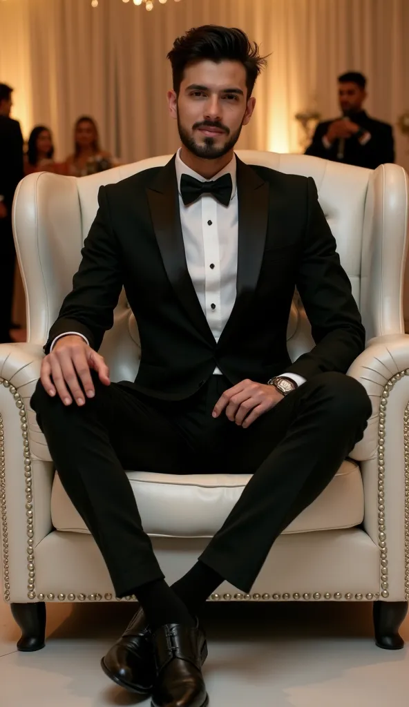 real photo of of a 22 yrs old 80 kg young man black hair and semi beard  a  o wearing black groom suit and face not revealed sitting on white sofa in wedding party. Don't show face, only, please hide the face
Show feet too with groom black shoe. Sitting wi...