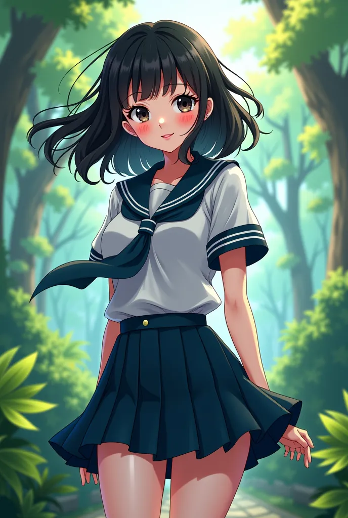 ((the best quality)), ((masterpiece)), (Thoroughly detailed), a 17-year-old anime girl with medium long wavy pointed black hair, And black eyes, (blush all over the face,  smile), Open your mouth, big tit, looking at the spectator, (leaning forward:1.3)、be...