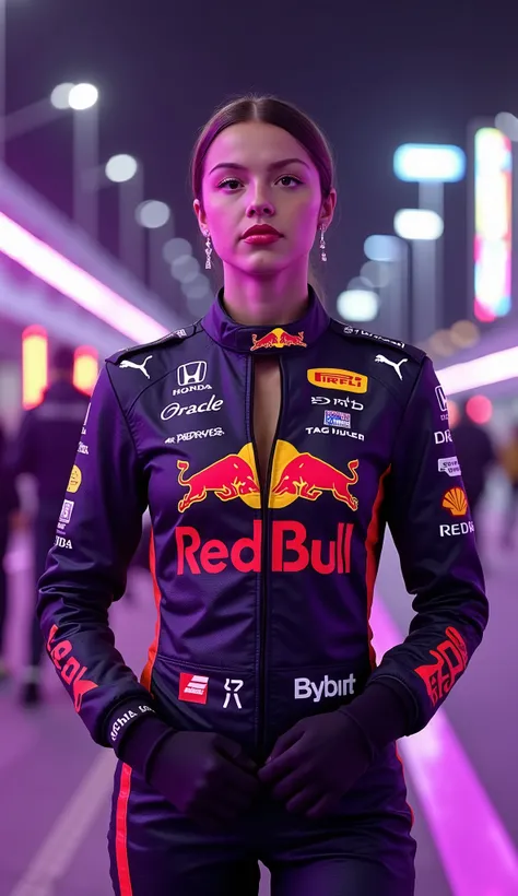A confident female Formula 1 driver, (((wearing the official 2024 Red Bull Racing suit with hyper-detailed sponsors (Oracle, Honda, Tag Heuer, Bybit) embroidered in metallic thread, (((keyhole cutout at bust revealing subtle décolletage))), carbon-fiber co...