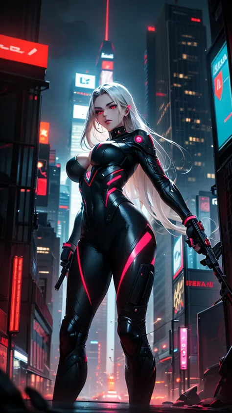 A stunning anime-style masterpiece in ultra-high definition of a futuristic female warrior. She wears a sleek, form-fitting black suit adorned with glowing red accents, enhancing her cyberpunk aesthetic. Her long, flowing white hair contrasts sharply with ...