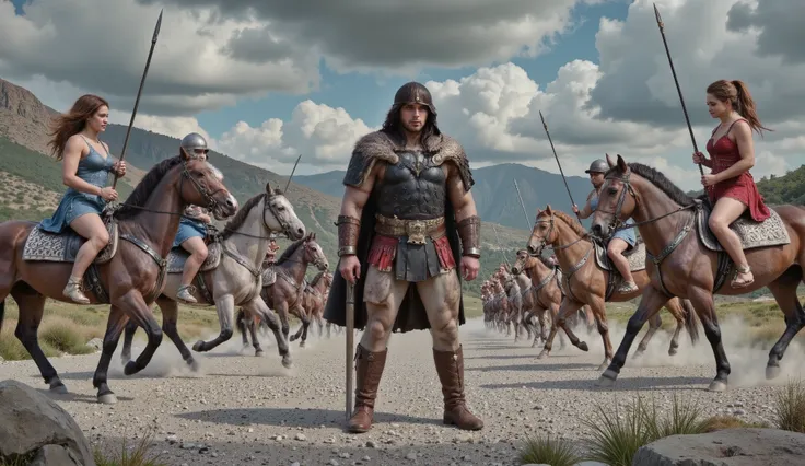 Hercules standing on the ground, surrounded by Amazon warriors on horseback wielding spears.