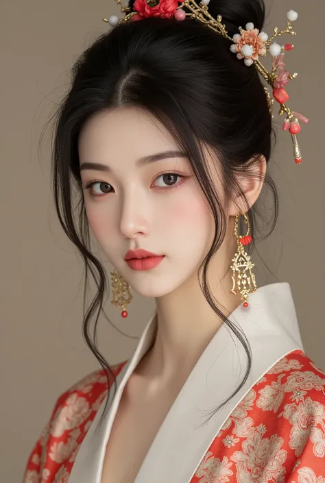 Une femme asiatique élégante et gracieuse, vêtue d'une tenue traditionnelle inspirée de la culture coréenne ou chinoise, en soie rouge (rouge et blanc) avec des motifs subtils. Elle a des longs cheveux noir, ses cheveux noirs et lisses sont partiellement,...