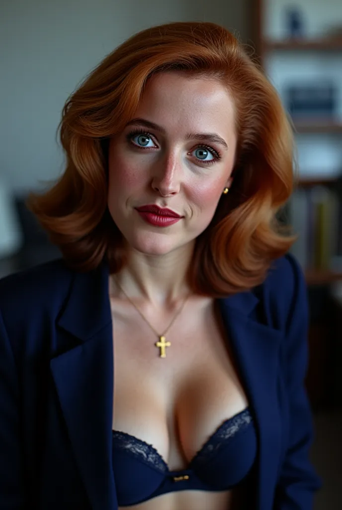 A woman 35 years, a hyper-realistic photo of Gillian Anderson as Dana Scully, featuring a beautifully detailed face with captivating eyes and a serene expression, The image showcases her natural beauty, focusing on her flawless skin and delicate features, ...