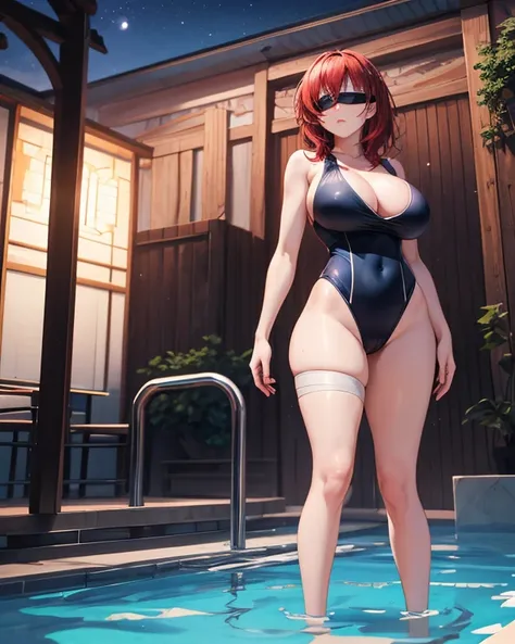 Girl with crimson red hair, blue eyes, white skin, tall in stature, Big breasts, long legs, Girl with short white hair, blindfolded with a black bandage, big breasts, long legs, tall in stature, both in a swimsuit ,  They are in the pool ,  It is becoming ...