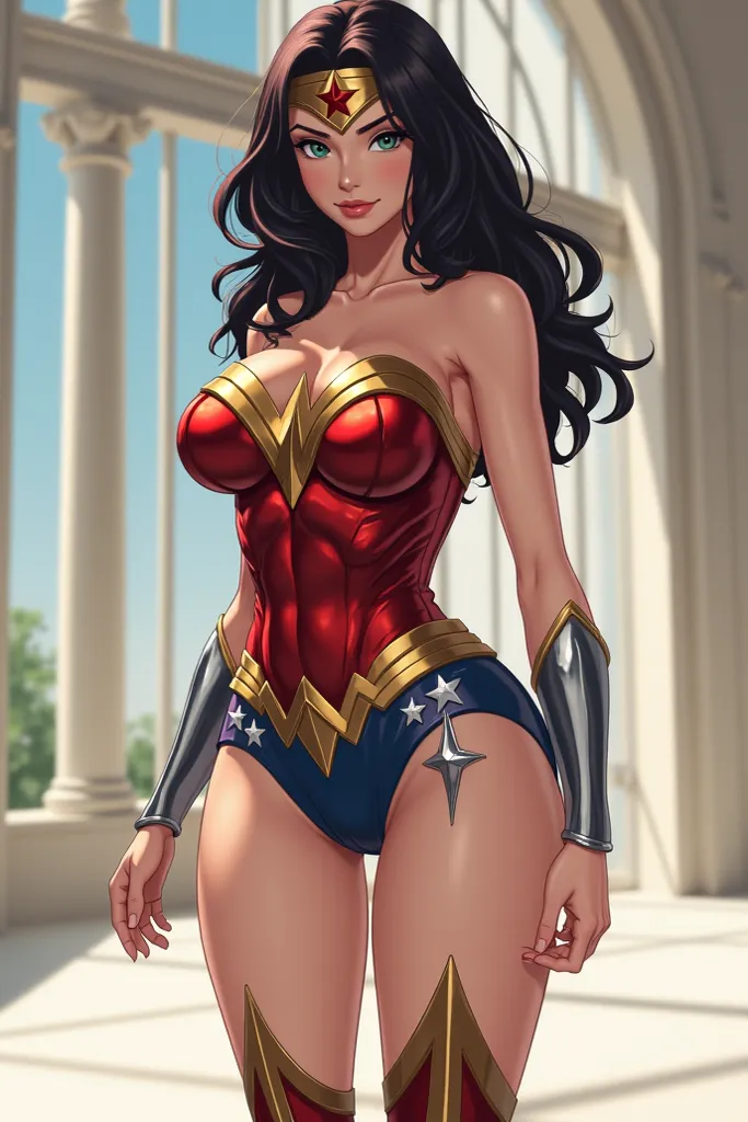  Wonder Woman( anime ) Sexy big round breasts she looks ahead modeling as a model she looks forward ( unmasked  ) standing on a white carpet 