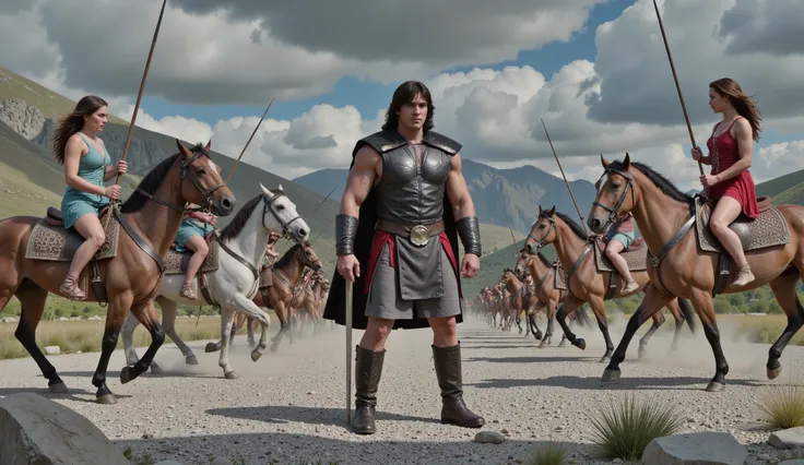 Hercules standing on the ground, surrounded by Amazon warriors on horseback wielding spears.