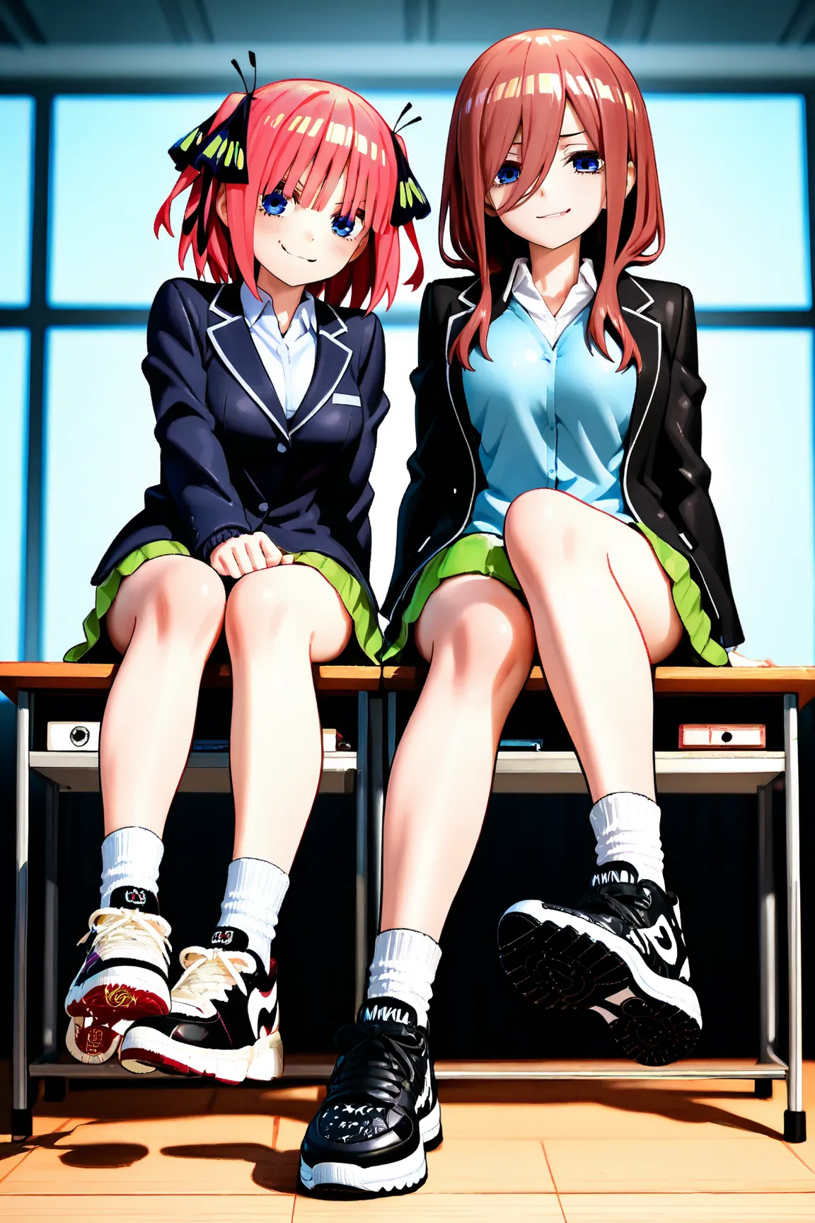 nino nakano, miku nakano, sitting on the desk,white socks, black balenciaga sneakers, dominative smirk beatiful thights, nino nakano under her sneakers kiss soles of her sneakers,nino slave of miku on a collar like puppy