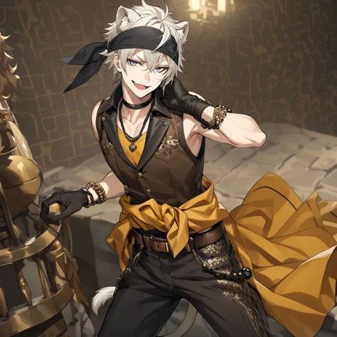 Anime boy with sharp white eyes, white hair, white lion ears, animal ears, remove human ears, Solo, Looking at viewer, has a white lion tail, smug smile, Savanna clothing, the most distinguishing features being his dark-brown chaps and belt accessories. Th...