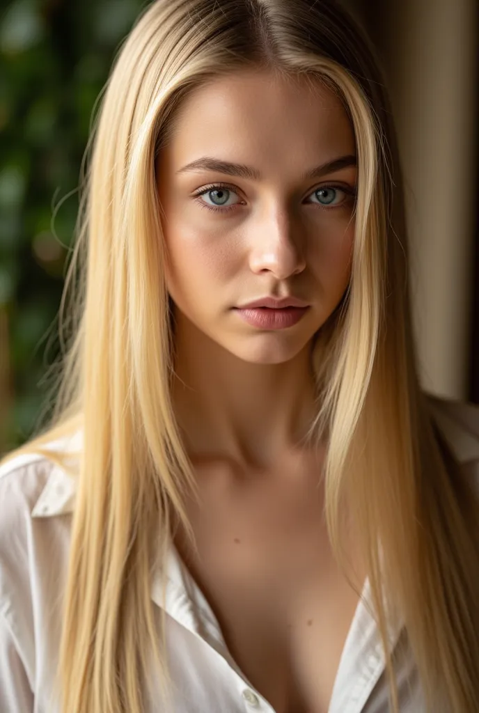 a beautiful blonde model 18 years old with long silky hair cascading over her shoulders, bright blue eyes reflecting the light, exuding elegance and confidence, hyper realistic, 8k, professional photography, natural lighting, shallow depth of field, high f...