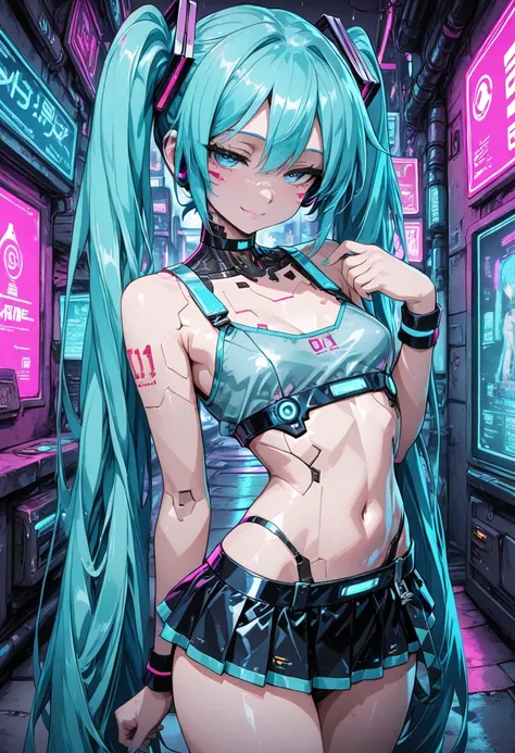 ((Hatsune Miku)),  blue hair, blue eyes, seductive expression, small breasts, beautiful skin, mini skirt, choker, wristband, submissive, (cyberpunk), sexy, athletic, anime style, 
cowboy shot, looking at viewer, thin lines, masterpiece, top quality, ultra ...