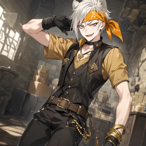 Anime boy with sharp white eyes, white hair, white lion ears, animal ears, remove human ears, Solo, Looking at viewer, smug smile, Savanna clothing, the most distinguishing features being his dark-brown chaps and belt accessories. The uniform consists of a...