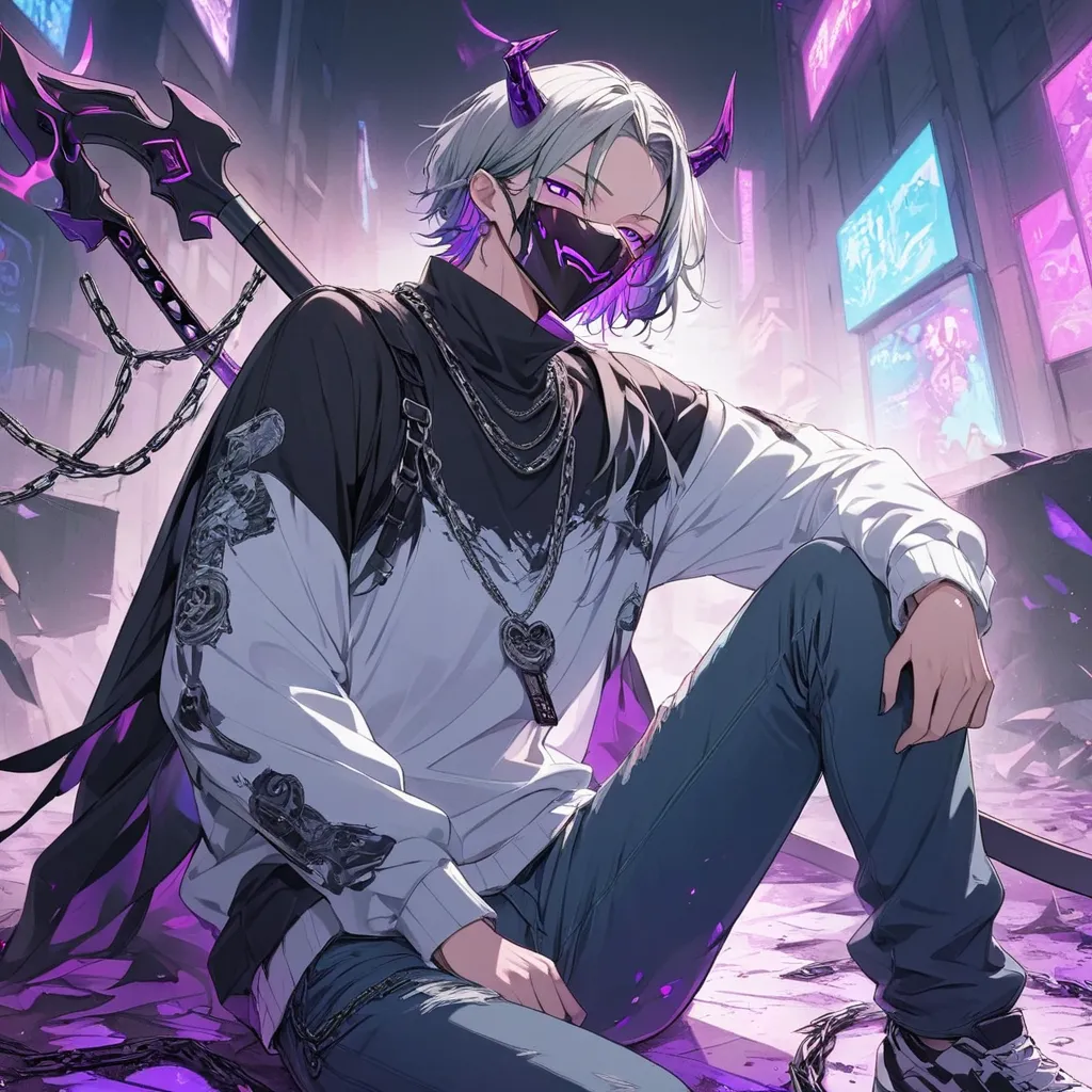 The guy with short gray hair wearing a mask, and has cybernetic horns on his forehead, that show his emotions, and in case of danger they burn red.  age around 25 ,  Silent , weapons always get to the point, but loves inappropriate jokes and black humor. w...