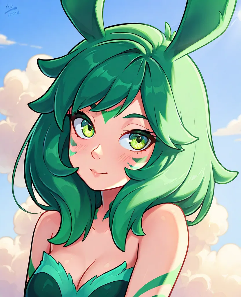 *"An anime-style portrait of Neeko from League of Legends against a bright blue sky background with some fluffy clouds.  her hair is short,  bulky and slightly messy , with pointed and green locks with vibrant luminous reflections. His chameleonic ears are...