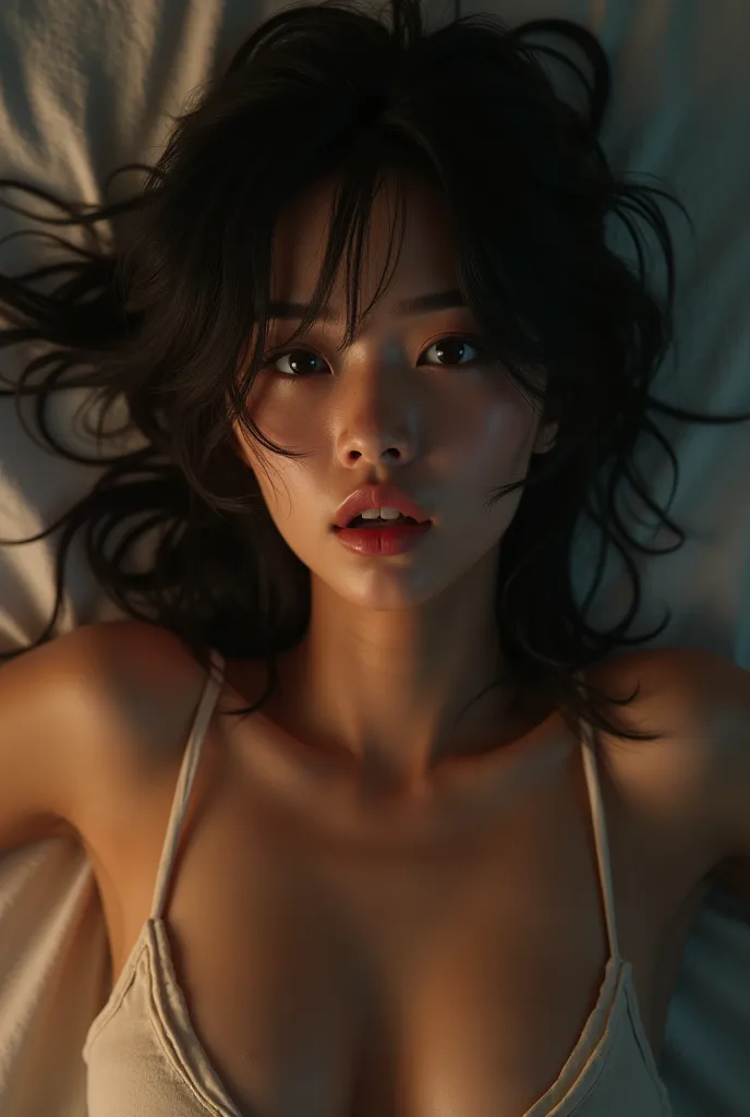 Make a photo of this scenario in a photorealistic way. Make a Full scene. Ayame is a 28-year-old stunning Burmese girl with perfect body curves, big breasts and a big butt. "Ayame's eyes widen in terror as the horrifying realization dawns on her. Her whole...