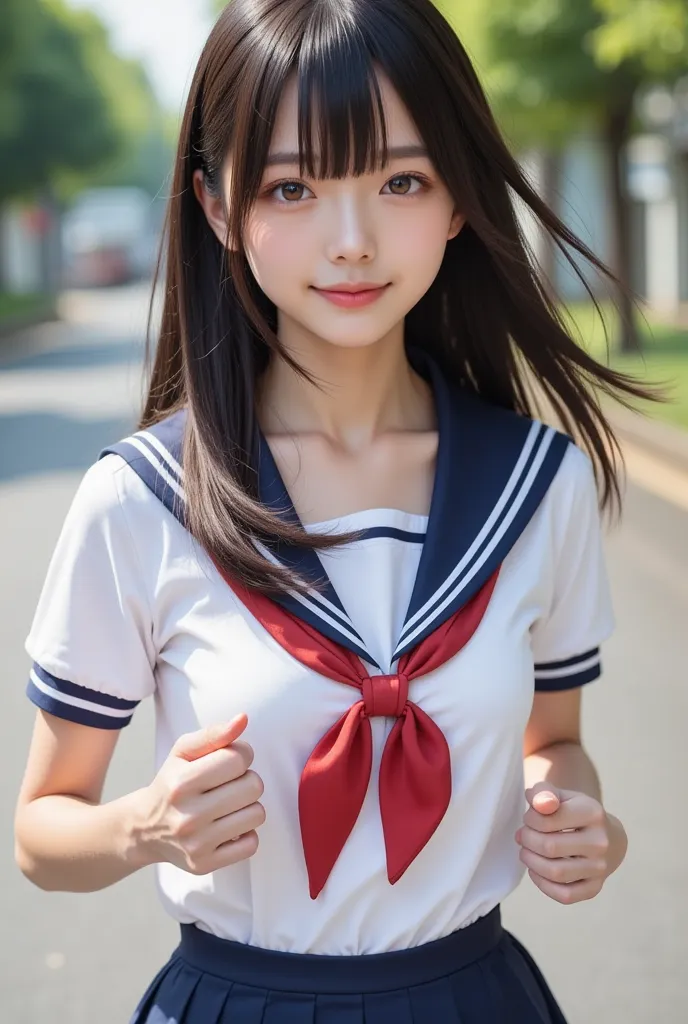 (top-quality, 32K, ​masterpiece, NSFW:1.2), (Original photo), (realistic), (photorealistic:1.2), (High Resolution), Japanese woman、18 years old,idol、 ultra-detailed, very beautiful face and eyes, 1 girl, (running:1.5),  INFP young female , idol,   big brea...