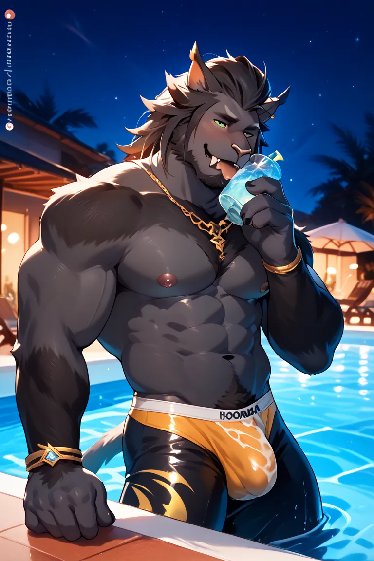 NSFW,Furry,sexy,gay,only,Muscle,erection,orgasm,Rosgar,Horthgar,Swimwear,boomerang pants,o-face,night poolside,Black body hair,HairColorGold,Eye color green 