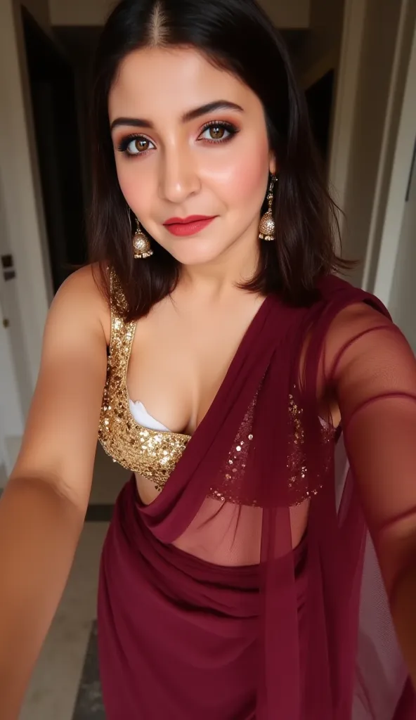 Generate a image of a woman in a maroon fully transparent sleeveless saree. The blouse is golden colour with mirror sequins. It has no sleeves and has a golden satin finish. Smokey eyes. Red lipstick. Blouse undressed at one side of the shoulder exposing h...