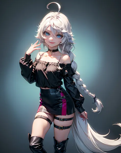 IA,CeVIO AI,1girl,solo,white hair,long hair,side twin braids,ahoge,blue eyes,choker,black shirt, off shoulder,pink skirt,asymmetrical legwear,black single thighhigh,thigh strap,boots,ef_bb, full body view, perfect anatomy, best quality, high quality, maste...