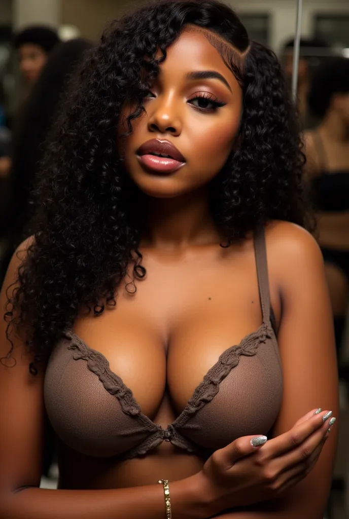 photo of a busty young black woman trying on a bra. She has a slender body. lip filler, big lips, close up, sexy upset face. She has long curly black hair. (Upset face), She is wearing a bra. fitting room background, Skinny waist and wide hips. big natural...