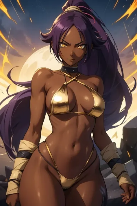 yoruichi shihouin, dark skin, long dark hair, ponytail, gold eyes, ((detailed eyes:1.2)), large breasts, nsfw, wearing slingshot bikini, sexy, sensual, masterpiece, top quality, best quality, official art, beautiful and aesthetic:1.2), extreme detailed, co...