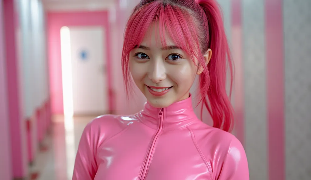 Young Japanese woman in latex costume pink hair beautiful smile high definition ponytail erotic