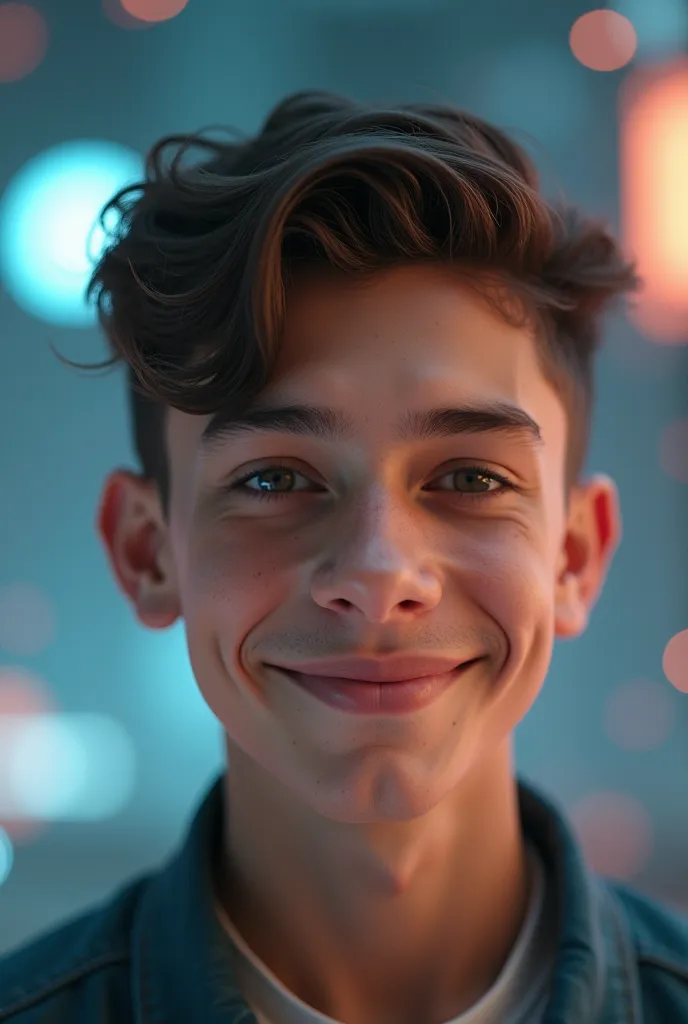 "Ultra-realistic portrait of a 16-year-old boy with a confident and friendly expression. The face is highly detailed, with natural skin texture, expressive eyes, and soft lighting. The background is a futuristic floating environment, with a smooth bokeh ef...