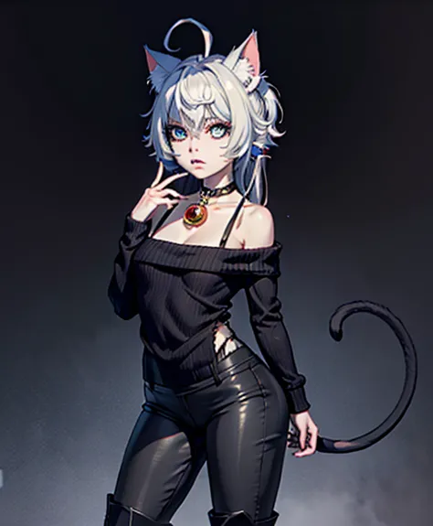 woman, solo, sharp_angular_face, pale_complexion, large_cold_eyes, dark_eyes, dark_circles, full_lips, long_messy_hair, hair_ornament, black_feline_ears, tail, pale_skin, dark_nails, ripped_clothes, off_shoulder_sweater, ripped_tight_leggings, scuffed_boot...