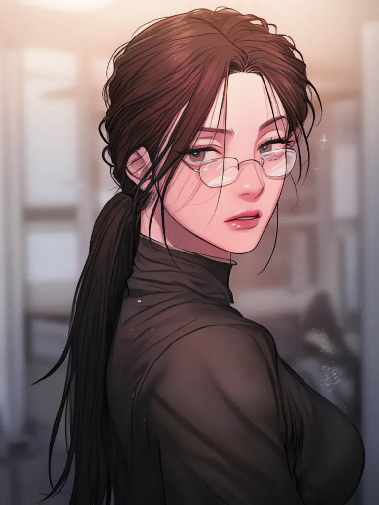 A handsome elegantly looking woman with black long tied hair in a down ponytail, wearing a black hoodie, with eyeglasses.