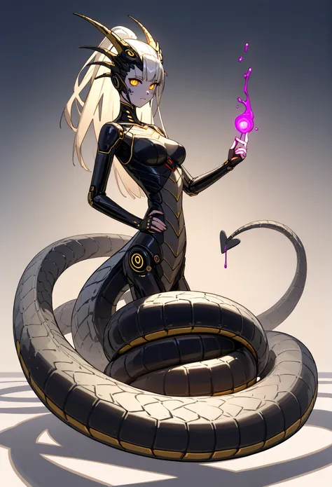 `Cyber serpent goddess full-body portrait, (bio-mechanical humanoid torso fused with colossal serpent tail:1.3), (glowing liquid metal scales pulsating with data streams:1.2), (dynamic coiling pose over neon megacity:1.1), hyper-detailed 8k, sci-fi mytholo...