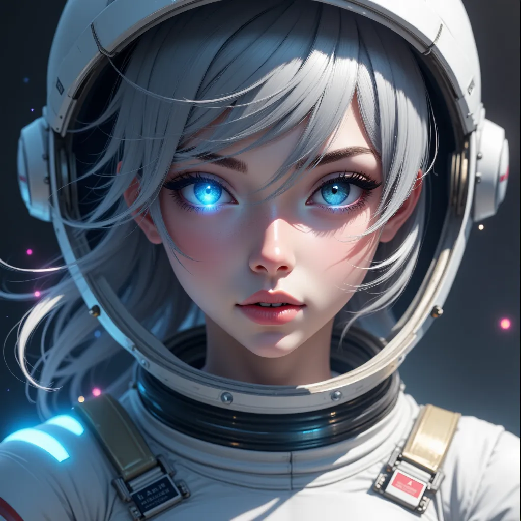 (Close-up of a better masterpiece:1.5)0.9], (Space and astronauts:1.2) (Messy silver hair:1.1) (Heterochromia xanthochromia and blue eyes:1.2) (Space Helmet:1.0) (Colored stars in the eyes:1.0) (A radiant glow:1.1) (thick lips:0.9)