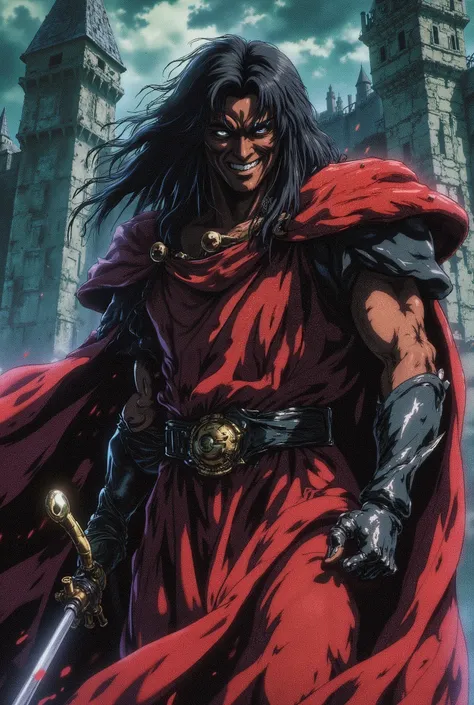 dark-skinned man, long black hair, dressed in a long-sleeved red medieval tabard, black leather gloves, torn cape, with thick black hair on his shoulders, black leather pants, a look of superiority and a sarcastic smile, castle