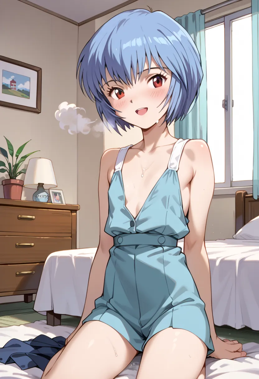 ((top quality)), ((masterpiece)), (be familiar with), perfect faces, indoors, bedroom, viewers dripping to the floor,
One woman, Ayanami Rei,
open mouth, steam clouds drift, blush, smile,
 small tits, flat chest, Young girl,  lori,  ,  girl,
Short Hair, sh...