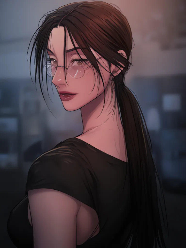 A handsome elegantly looking woman with black long tied hair in a down ponytail, wearing a black t-shirt, with eyeglasses.