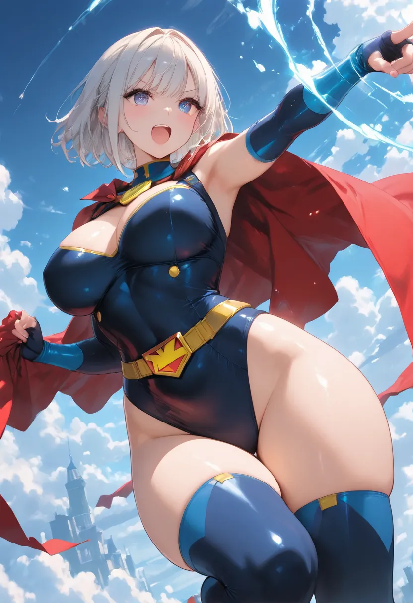 Beautiful Superhero。Japanese。short hair。eyes、long eyelashes。large breasts。thick thighs。Tight body clothing。。cape。