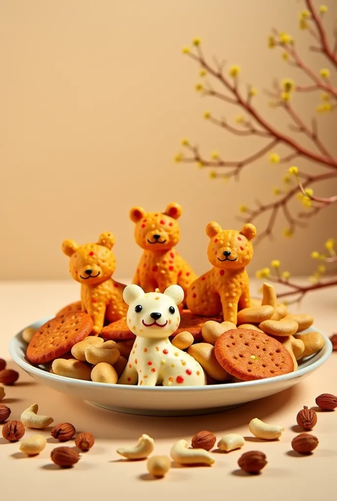 Plate with animal crackers and cashew nuts and peanut seeds without shell 