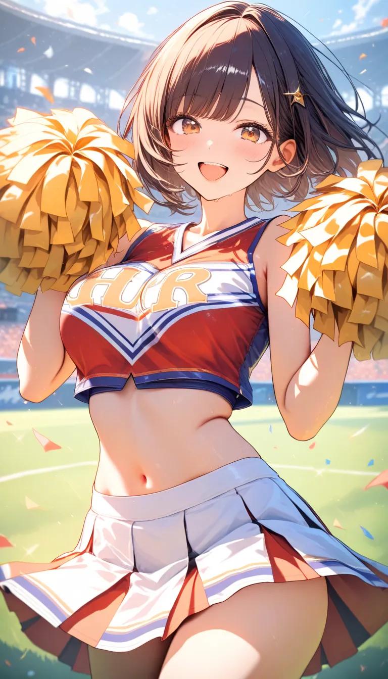 one women, cheerleader uniform, pleated skirt, pompoms, smile, cowboy shot, stadium, highly detailed, HD, 4K, Masterpiece, highres