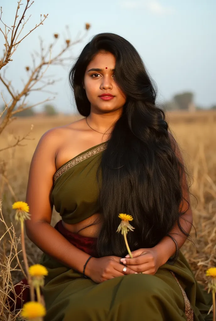  hair in one side, Indian girl wearing olive strapless saree sitting in dry savana grass field, small yellow dandelion flowers, dead tree branches, sky, thick arms, navel, busty curvy and hourglass figure, very big , detailed skin, short hair bangs, sweet ...