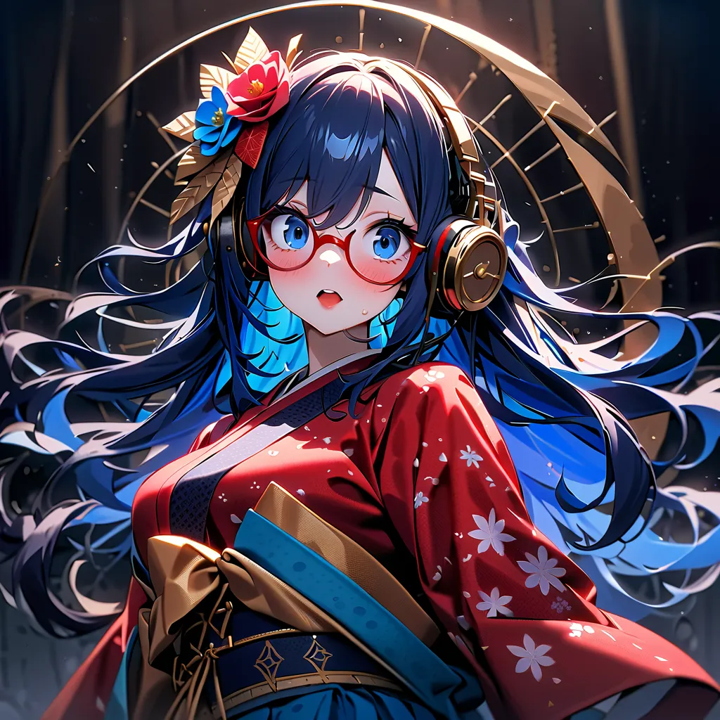 (masterpiece, high resolution:1.5), (8K, perfect anatomy, golden ratio, professional painting, pointillism:1.4), (solo Japanese idol, red yukata with floral pattern, wearing red glasses:1.5), (very complex and precise eyes, very large round droopy eyes, bl...