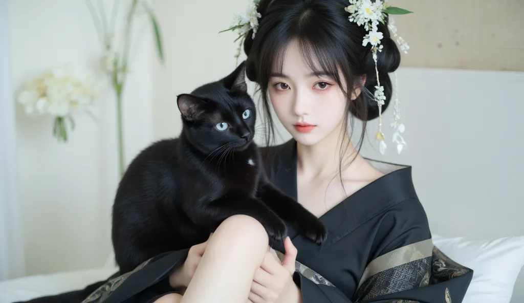 Japanese woman with blue-eyed black cat