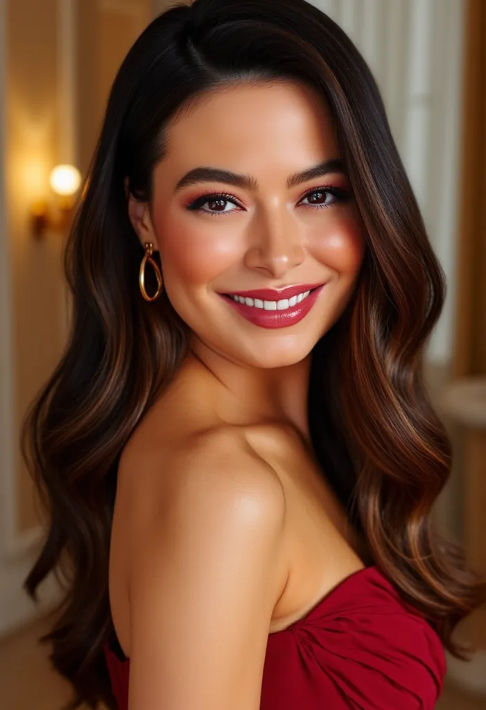 Miranda Cosgrove, curvy body, red lipstick, extremely detailed, highres, hall background, beautiful detailed woman, light on face, looking at viewer, POV, evening dress, smile, perfect face, solo.