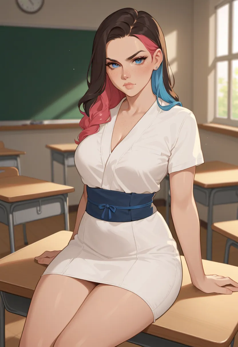 GLSHS, delicate colors, partially illuminated, 1girl, multicolored hair, freckles, dress, sash, sitting, classroom, scowl, looking at viewer