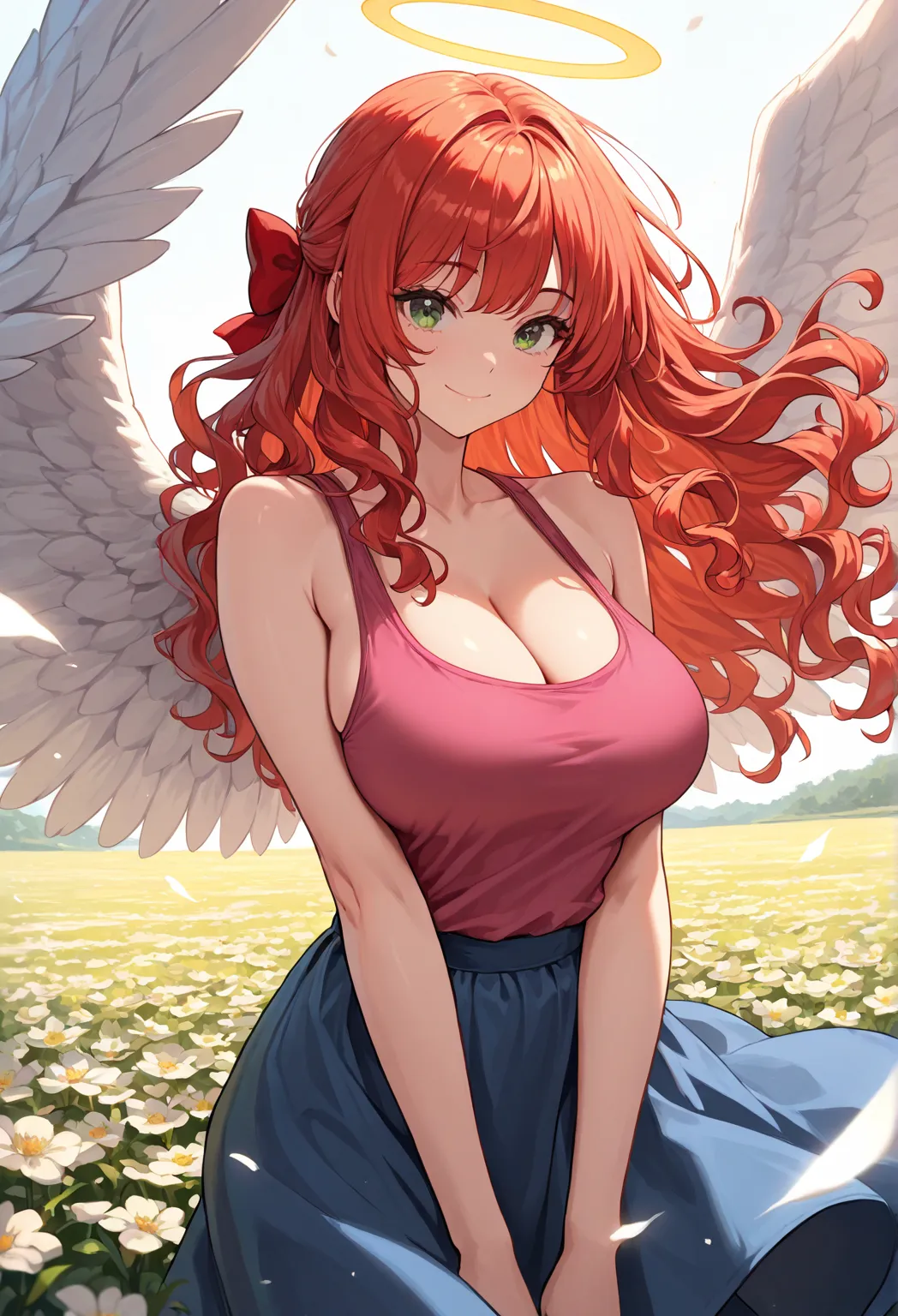 masterpiece, best quality, cowboy shot, solo, 1girl, long hair, wavy hair, ginger hair, large breasts, green eyes, Smile, Closed mouth, red Hair Bow,
Super Detailed, baggy pink tank top, Halo, angel wings, blue skirt, strong wind, cleavage, High Details, f...