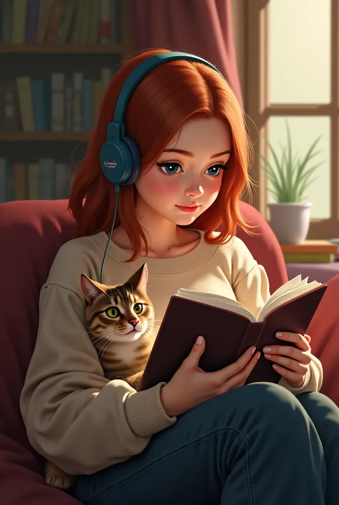 Une fille assise avec un chat roux sur les genoux, un livre à la main et une tasse de thé dans l'autre main. Elle porte un sweet et un casque audio 